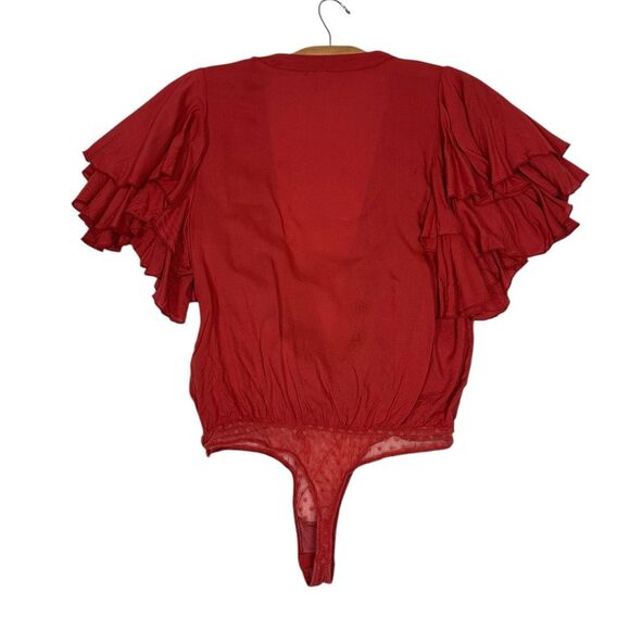 Free People Call Me Later Ruffled Thong Bodysuit Tiered Boho Fairy Rust Red sz S - Picture 6 of 10